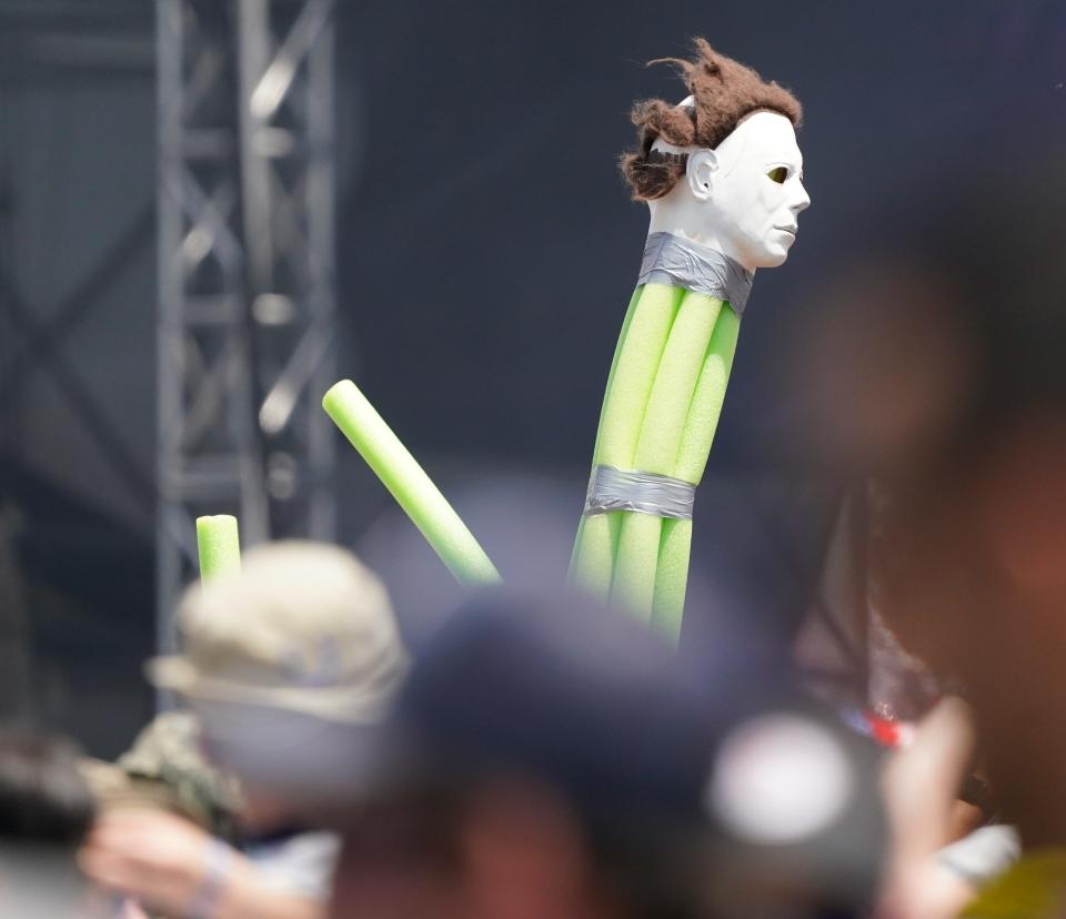 Michael Myers makes an appearance in the Snake Pit during the 106th running of the Indianapolis 500 at Indianapolis Motor Speedway.