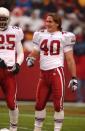 Pat Tillman #40 of the Phoenix Cardinals looks on during a NFL football game against the Washington Redskins on January 6, 2002 at FedEx Field in Landover, Maryland. (Photo by Mitchell Layton/Getty Images)