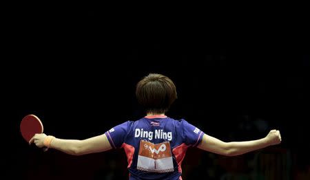 China's Ding Ning reacts after defeating her compatriot Liu Shiwen in the women's singles final table tennis match at the World Table Tennis Championships in Suzhou, Jiangsu province May 2, 2015. REUTERS/Aly Song