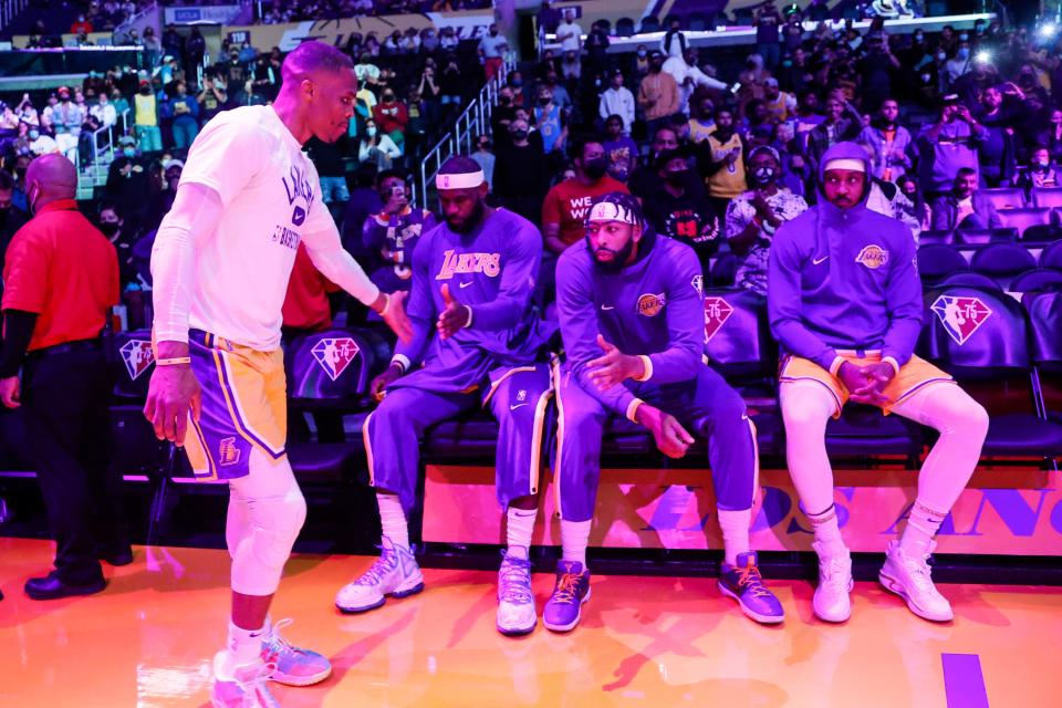 The Lakers added Russell Westbrook (left) and Carmelo Anthony (right) to a lineup that already included LeBron James and Anthony Davis.