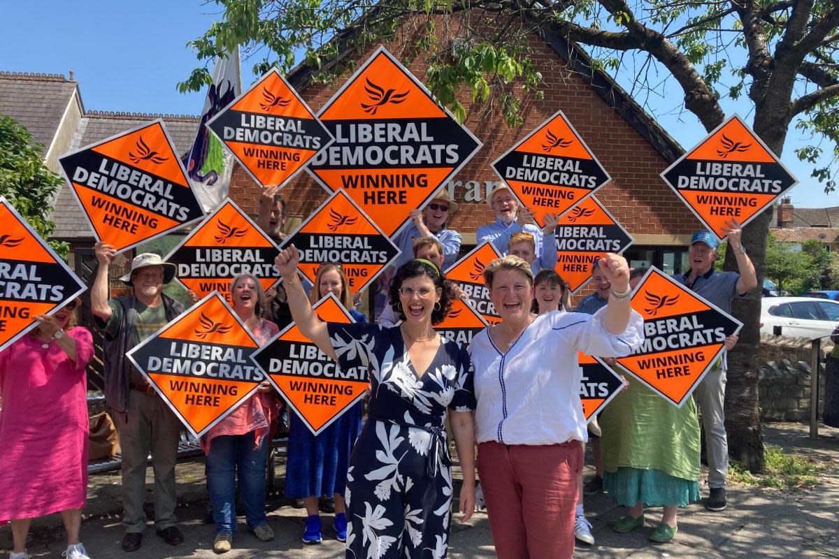 Layla Moran and Sarah Dyke campaigning outside Langport Library. <i>(Image: Daniel Mumby)</i>