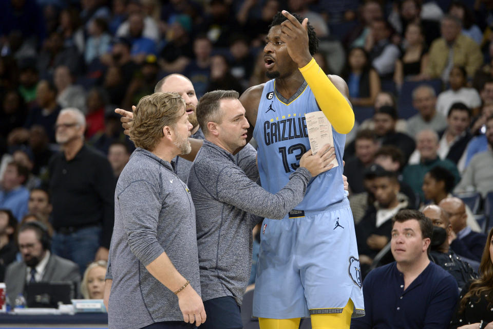 Memphis Grizzlies forward Jaren Jackson Jr. (13) reacts to a referee's call in the second half of an NBA basketball game against the Oklahoma City Thunder Wednesday, Dec. 7, 2022, in Memphis, Tenn. (AP Photo/Brandon Dill)