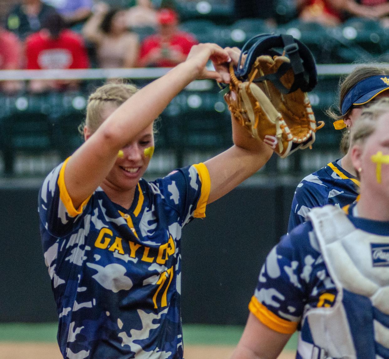 Jayden Jones celebrates following Gaylord's 9-0 win in the Division 2 state semifinals on Thursday, June 13 at Secchia Stadium on the campus of Michigan State University in East Lansing, Mich.