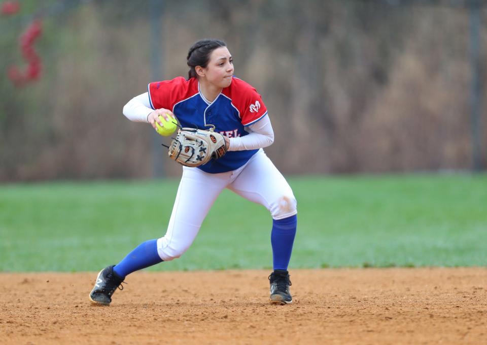 Carmel shortstop Mandy Fernandez (7) pulls in a ground ball during softball action against Arlington at Camel High School in Carmel on Tuesday, April 26, 2022.