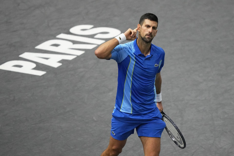 Serbia's Novak Djokovic celebrates after winning a point during the final match against Bulgaria's Grigor Dimitrov at the Paris Masters tennis tournament Sunday, Nov. 5, 2023. (AP Photo/Michel Euler)