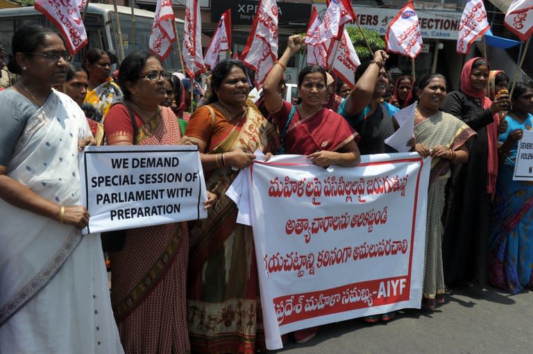 Members of the National Federation of Indian Women take part in a rally in Hyderabad on May 2, 2013, against the rising cases of violence against women and minors. India's new sex crime laws do not go far enough to protect women or tackle gender inequality, the UN Special Rapporteur on violence against women has said