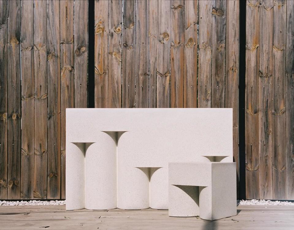 The Raised Brow Console and Middle Brow Stool by Zachary A. in white stone