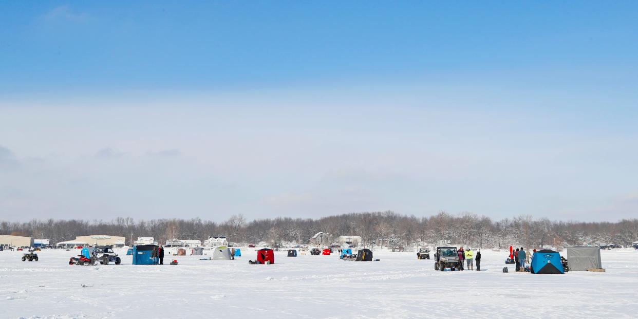 Ice shanties are pictured Feb. 5, 2022, on the frozen waters of Devils Lake during the Devils and Round Lake Men's Club Tip-Up Festival. This year's festival is Feb. 3-5.