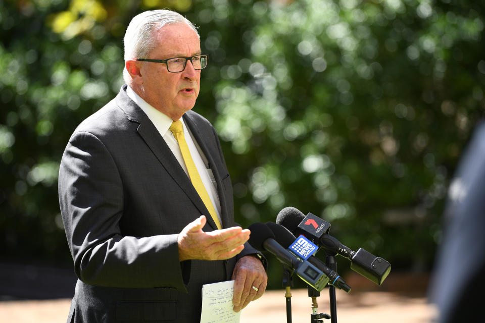 NSW Health Minister Brad Hazzard speaks to the media during a press conference in Sydney about the coronavirus. 