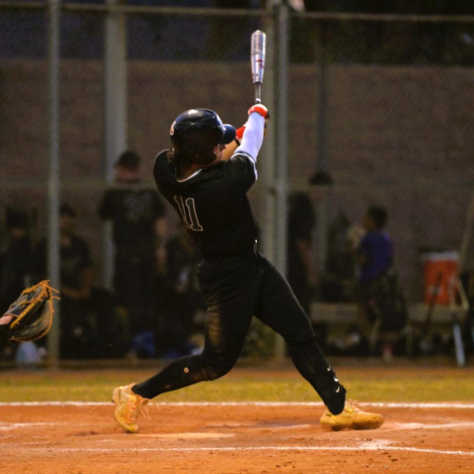 Suncoast's Brady Benevides launches a ball to deep left field during a regular season game against Treasure Coast on April 18, 2024.