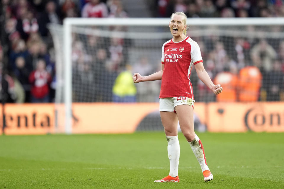 Arsenal's Stina Blackstenius celebrates after winning the FA Women's Continental Tyres League Cup Final at Molineux Stadium, Wolverhampton, England, Sunday March 31, 2024. (Nick Potts/PA via AP)