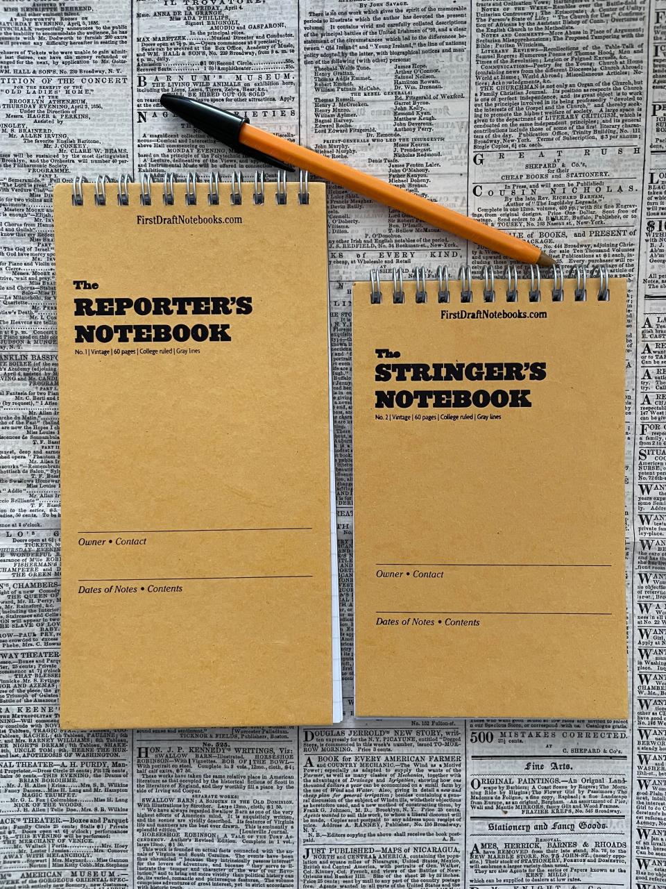 I launched First Draft Notebooks in 2021 with two sizes of notebooks. The Reporter's Notebook is 4 inches wide by 8 inches and The Stringer Notebook is 4 inches wide by 5.5 inches.