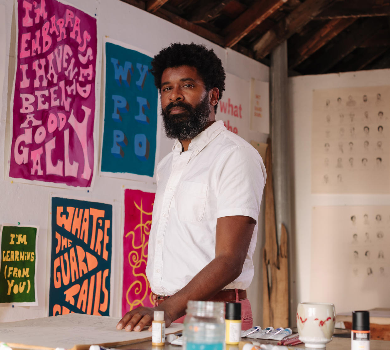 George McCalman, in his fine art studio, along with work made for his show, 'Tell Me Three Things I Can Do / Return To Sender'. (Peter Prato)