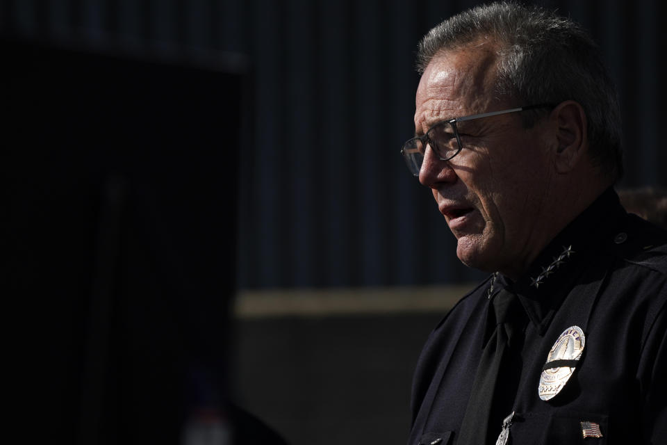 FILE - Los Angeles Police Department Chief Michel Moore speaks at a news conference, Jan. 18, 2022, in Los Angeles. Moore announced his retirement Friday, Jan. 12, 2024, in an unexpected departure as the head of one of the nation's largest law enforcement agencies. (AP Photo/Ashley Landis, File)