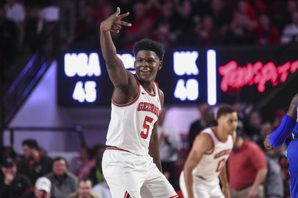 Jan 7, 2020; Athens, Georgia, USA; Georgia Bulldogs guard Anthony Edwards (5) reacts after a three point shot against the Kentucky Wildcats during the second half at Stegeman Coliseum. Mandatory Credit: Dale Zanine-USA TODAY Sports