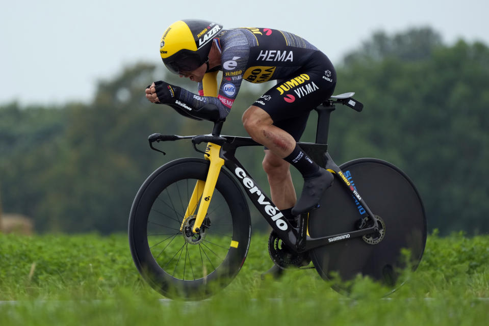 Slovenia's Primoz Roglic competes during the fifth stage of the Tour de France cycling race, an individual time-trial over 27.2 kilometers (16.9 miles) with start in Change and finish in Laval Espace Mayenne, France, Wednesday, June 30, 2021. (AP Photo/Daniel Cole)