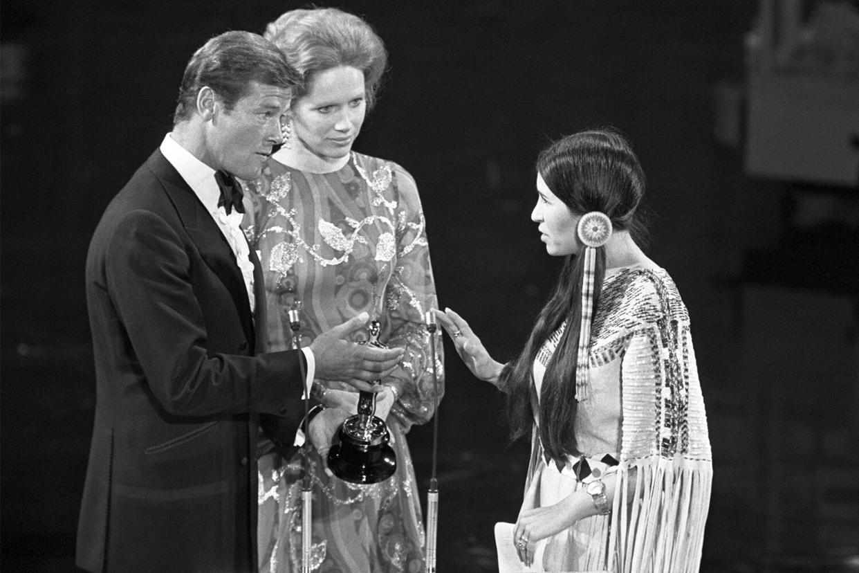 At the 1973 Academy Awards, Sacheen Littlefeather refuses the Academy Award for Best Actor on behalf of Marlon Brando who won for his role in The Godfather. She carries a letter from Brando in which he explains he refused the award in protest of American treatment of the Native Americans.