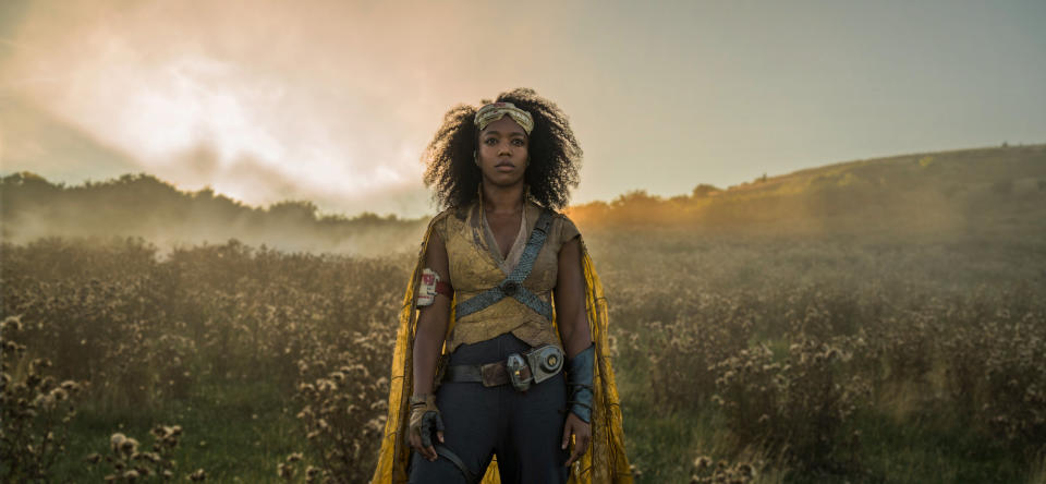 This image released by Disney/Lucasfilm shows Naomi Ackie as Jannah in a scene from "Star Wars: The Rise of Skywalker." (Disney/Lucasfilm Ltd.)