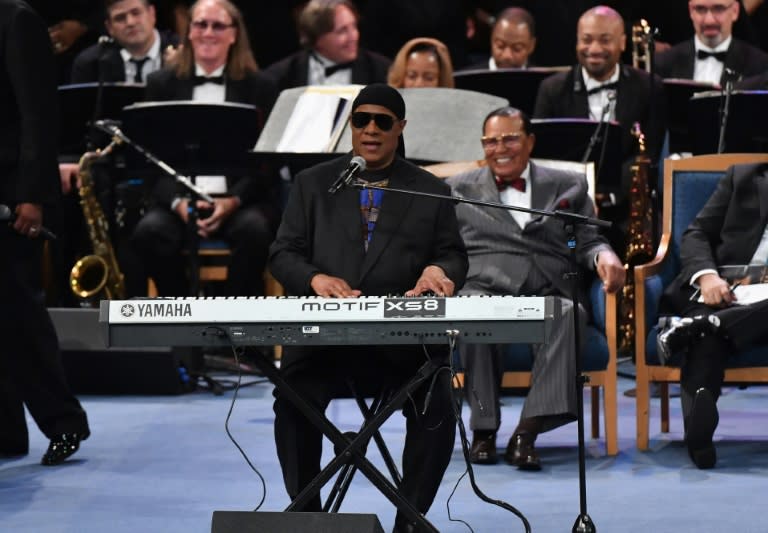 US singer/songwriter Stevie Wonder performs at Aretha Franklin's funeral August 31, 2018 in Detroit, Michigan