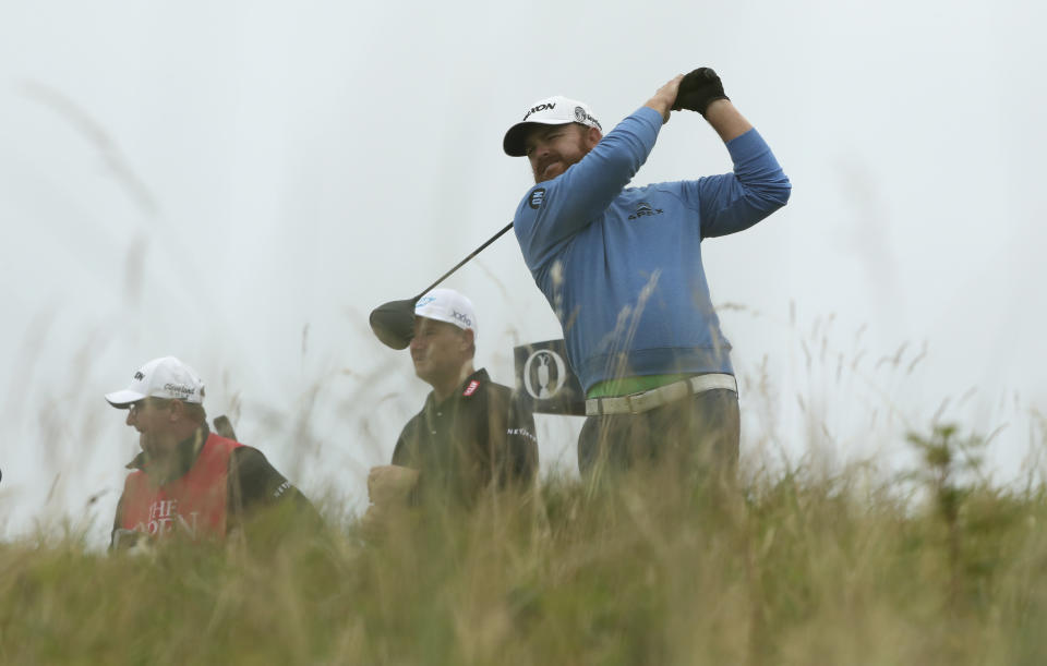 J.B. Holmes of the United States plays his shot off the 18th tee during the second round of the British Open Golf Championships at Royal Portrush in Northern Ireland, Friday, July 19, 2019.(AP Photo/Jon Super)