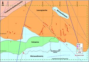 Geological map of the eastern part of the Isabella Oriental property block.  The presence of extensive structurally-controlled quartz veins was confirmed associated with leucogranite.