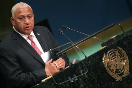 FILE PHOTO: Prime Minister Frank Bainimarama of Fiji speaks at the conclusion of a