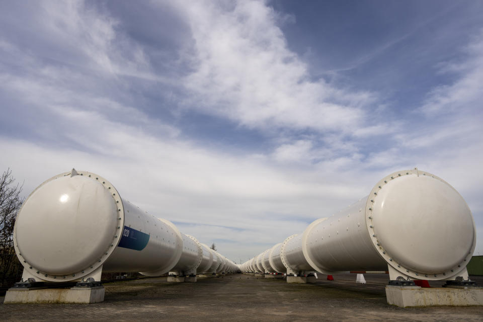 The split in a hyperloop tube allows vehicles to change directions is seen at a new European test center for hyperloop transportation technology which opens in Veendam, northern Netherlands, Tuesday, March 26, 2024. (AP Photo/Peter Dejong)