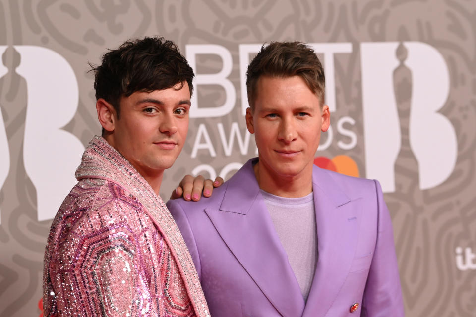 Tom Daley and Dustin Lance Black attend The BRIT Awards 2023 at The O2 Arena on February 11, 2023 in London, England. (Photo by JMEnternational/Getty Images)
