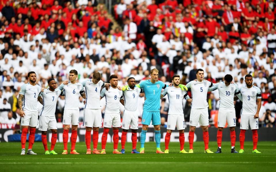 The England team observe a one minutes silence to remember those who lost their lives in the recent Westminster terrorist attacks prior to the FIFA 2018 World Cup Qualifier between England and Lithuania at Wembley Stadium - Credit: Getty Images