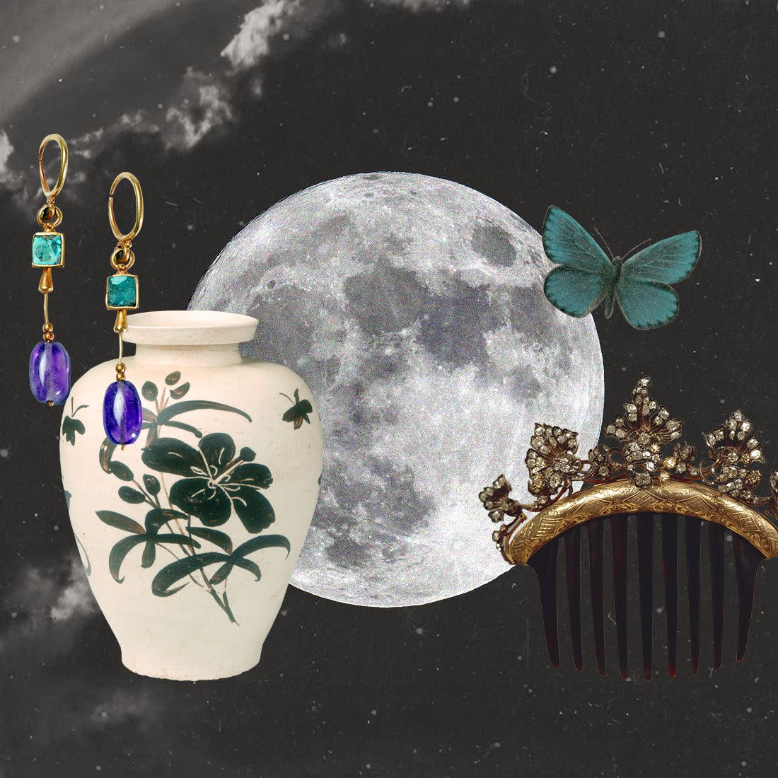 collage of a full moon, a butterfly, earrings, a vase, and a hair comb