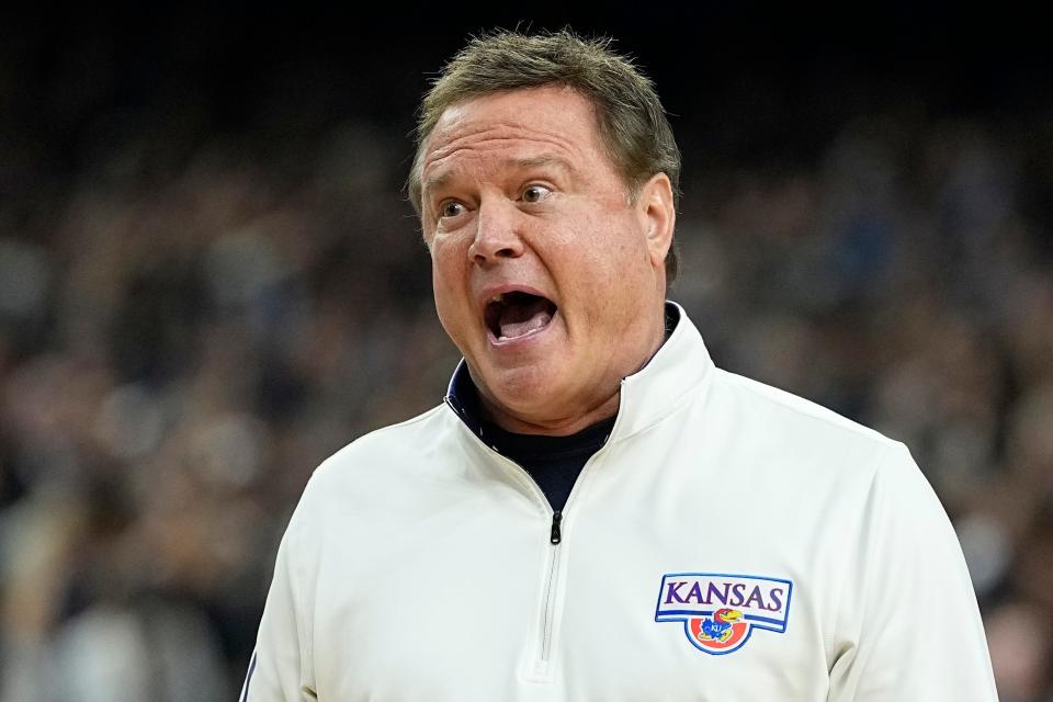Kansas men's basketball coach Bill Self yells during the first half of the Jayhawks' Final Four game against Villanova during the NCAA tournament on April 2, 2022, in New Orleans.