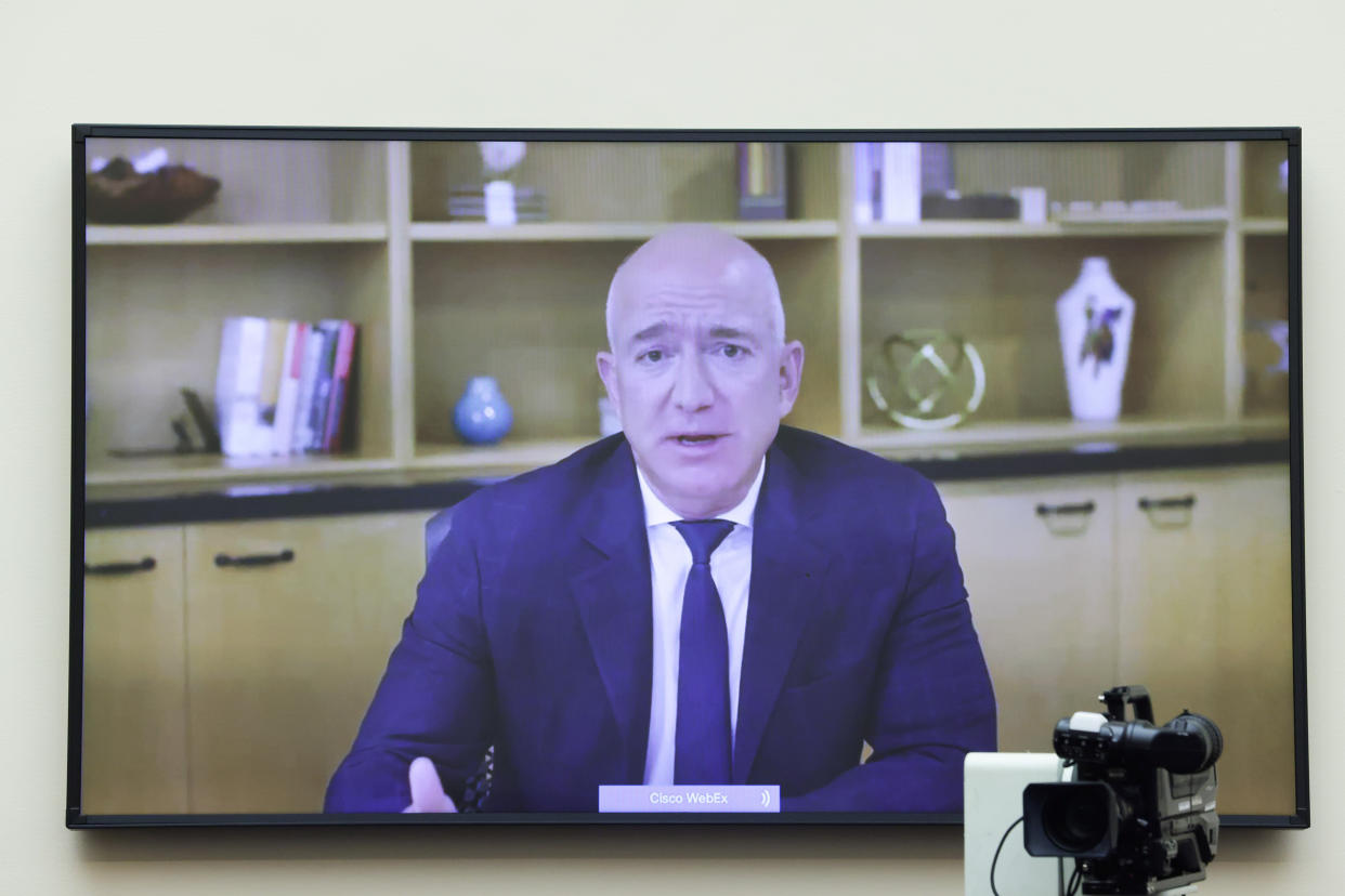 Amazon CEO Jeff Bezos testifies via video conference during a hearing of the House Judiciary Subcommittee on Antitrust, Commercial and Administrative Law on 