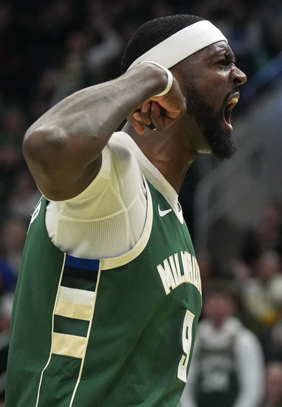 Bucks forward Bobby Portis celebrates a basket Saturday night. He scored 31 points against the Pistons, the most he has since joining the Bucks.