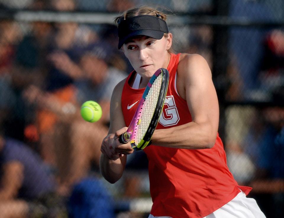 Glenwood's Samantha Shankland returns a shot during a doubles match at Glenwood High school Wednesday, Sept. 11, 2024.