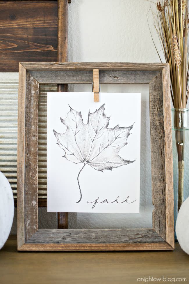 <p>If spooky, theme-y decor isn’t your thing for Halloween decorating, try a printable that celebrates fall in an elegant, timeless way. Just print and frame this rustic maple leaf for a pretty nod to the season… with nary a skeleton or ghost in sight.</p><p><em><a href="https://www.anightowlblog.com/free-fall-printable/" rel="nofollow noopener" target="_blank" data-ylk="slk:Get the printable at A Night Owl Blog »;elm:context_link;itc:0;sec:content-canvas" class="link ">Get the printable at A Night Owl Blog »</a></em></p>