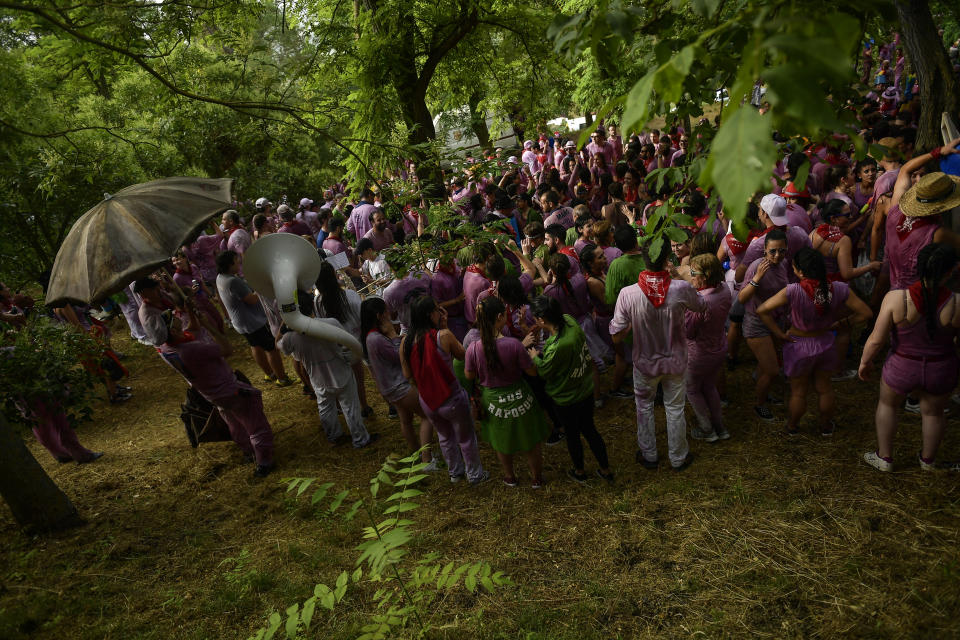 <p>People dance as they take part in a wine battle, in the small village of Haro, northern Spain, Friday, June 29, 2018. (Photo: Alvaro Barrientos/AP) </p>