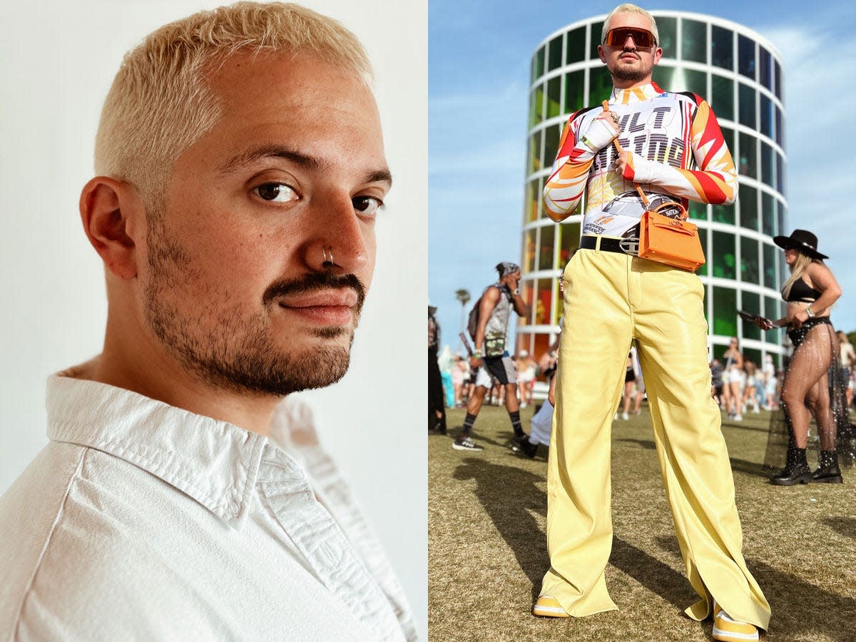 Christian Grotewold headshot (left), writer in yellow and orange outfit at coachella (right)