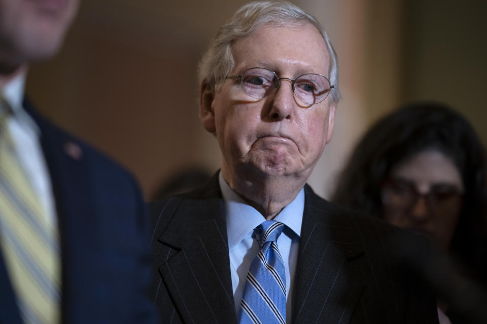 Senate Majority Leader Mitch McConnell, R-Ky., joined by the GOP leadership, speaks to reporters just after meeting with Attorney General William Barr to discuss expiring provisions of the Foreign Intelligence Surveillance Act and other government intelligence laws, on Capitol Hill in Washington, Tuesday, Feb. 25, 2020. (AP Photo/J. Scott Applewhite)