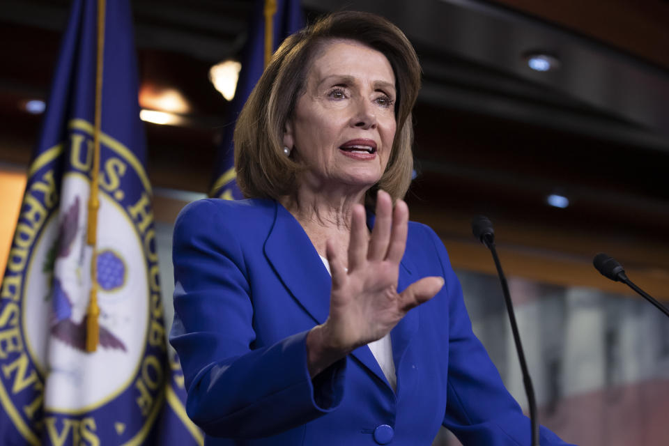 Speaker of the House Nancy Pelosi, D-Calif., talks to reporters during a news conference a day after a bipartisan group of House and Senate bargainers met to craft a border security compromise aimed at avoiding another government shutdown, at the Capitol in Washington, Thursday, Jan. 31, 2019. (AP Photo/J. Scott Applewhite)