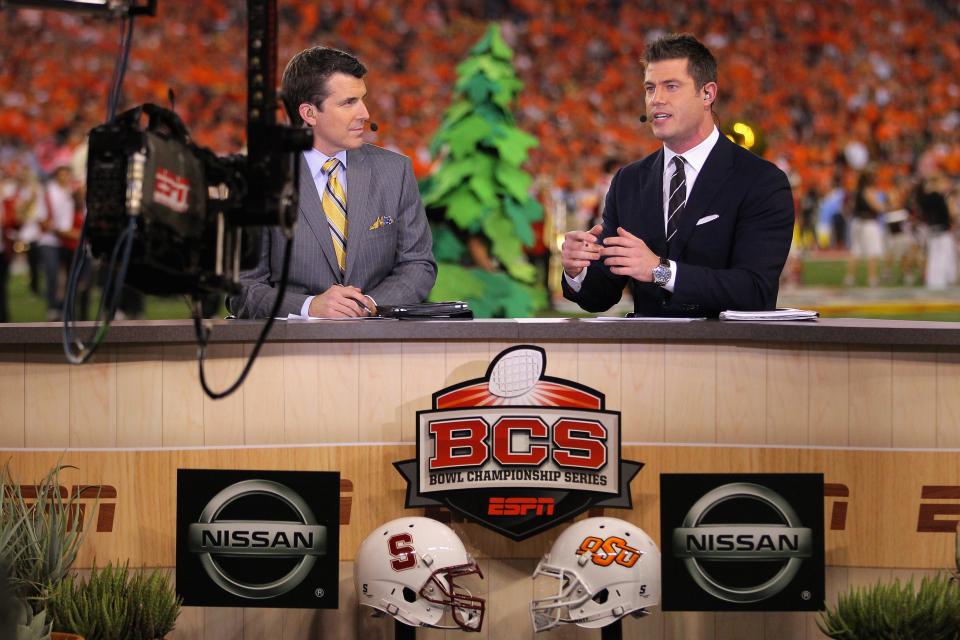 ESPN's Rece Davis and Jesse Palmer were on air prior to the Stanford Cardinal playing against the Oklahoma State Cowboys during the Tostitos Fiesta Bowl on January 2, 2012, at the University of Phoenix Stadium in Glendale, Arizona.