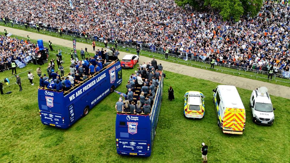 The Ipswich Town bus parade at Christchurch Park during the Premier League promotion party