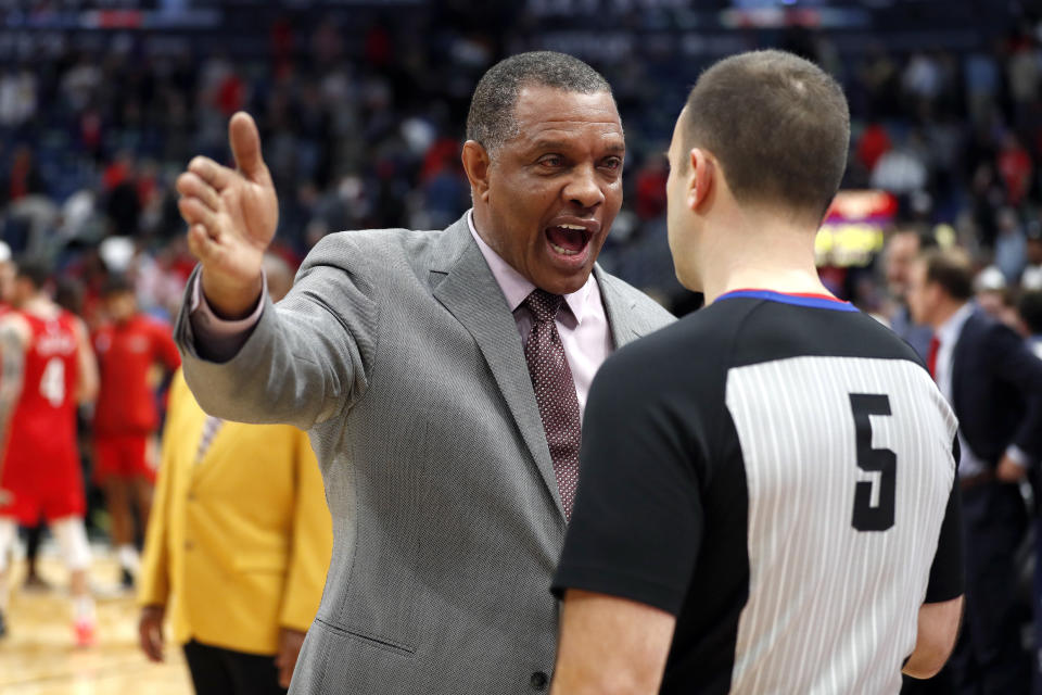 New Orleans Pelicans head coach Alvin Gentry, left, talks with official Kane Fitzgerald (5) after an NBA basketball game against the Utah Jazz in New Orleans, Monday, Jan. 6, 2020. (AP Photo/Tyler Kaufman)