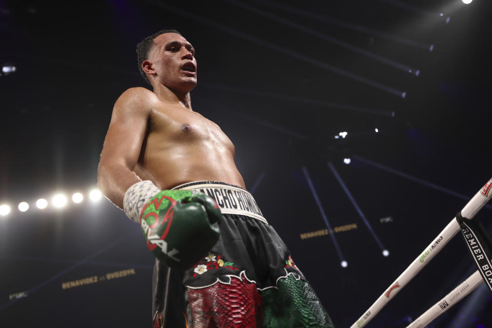 David Benavidez walks to the corner in between rounds during a WBC interim light heavyweight title boxing bout against Oleksandr Gvozdyk on Saturday, June 15, 2024, in Las Vegas. (Ellen Schmidt/Las Vegas Review-Journal via AP)