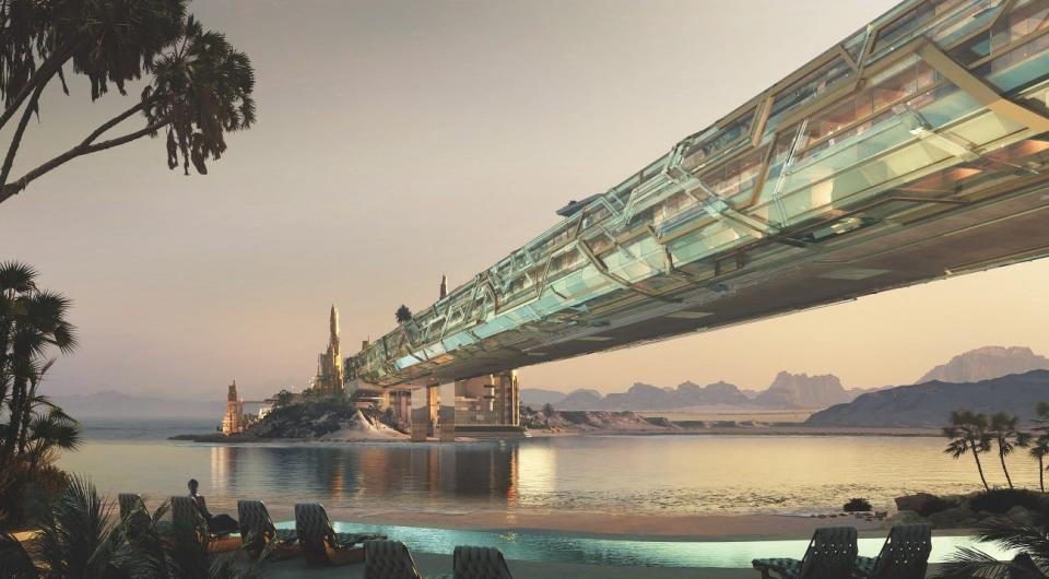 A  rendering of the Equinox resort with a futuristic bridge suspended over water connected to tall silver buildings on an island.