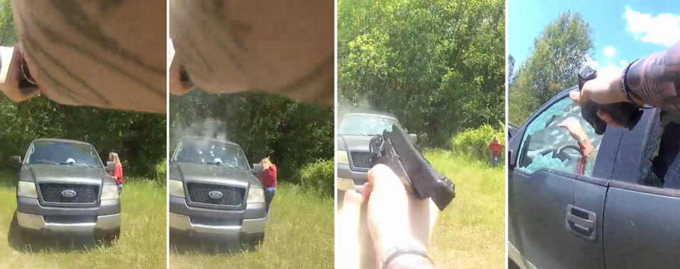 Bodycam video shows Tammy Beason standing beside the truck and talking to her son through the driver's side window and Beason diving backward while yelling in horror as bullets from the sheriff’s deputies hit the vehicle. (Obtained by NBC News)