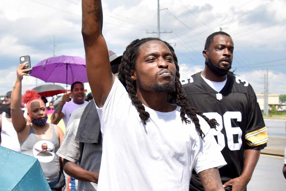Organizer Rakeem Jones leads a peaceful protest down Skibo Road on May 30, 2020 to protest the death of George Floyd.