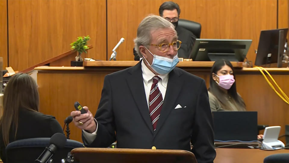 In this still image taken from the Law&Crime Network court video, defense attorney Dick DeGuerin presents a new round of opening statements in the murder case against Durst after a 14-month recess due to the coronavirus pandemic in Los Angeles County Superior Court in Inglewood, Calif., on Wednesday, May 19, 2021. Durst, 78, an heir to a New York commercial real estate empire, is charged with first-degree murder in the slaying of his best friend, Susan Berman. (Law&Crime Network via AP, Pool)