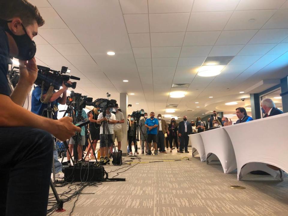 A press conference that included Governor Ron DeSantis, Miami-Dade Mayor Carlos Gimenez, AHCA Secretary Mary Mahew and officials from Jackson Health System was held in a tight space that didn’t allow for social distancing at Miami Medical Center near Miami International Airport on Tuesday, July 7, 2020.
