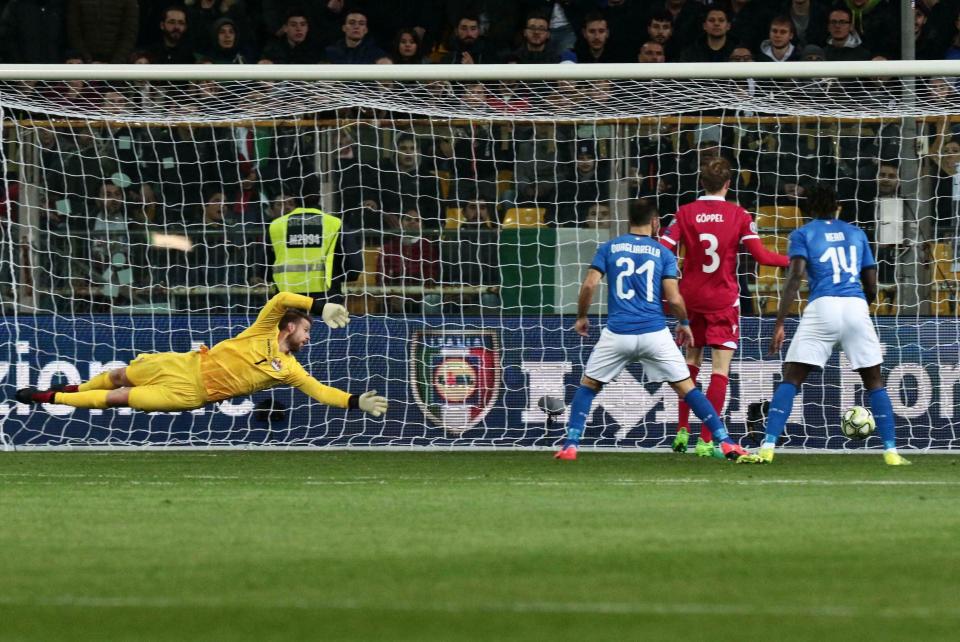 Italy's Marco Verratti, not in picture, scores his team's second goal during a Euro 2020 Group J qualifying soccer match between Italy and Liechtenstein, at the Ennio Tardini stadium in Parma, Italy, Tuesday, March 26, 2019. (Serena Campanini/ANSA via AP)