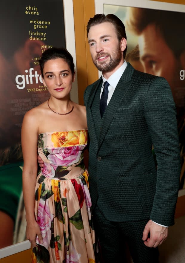 Jenny Slate and Chris Evans attend the Los Angeles premiere of "Gifted" at Pacific Theatres at The Grove on April 4, 2017, in Los Angeles.<p><a href="https://www.gettyimages.com/detail/664663218" rel="nofollow noopener" target="_blank" data-ylk="slk:Todd Williamson/Getty Images" class="link ">Todd Williamson/Getty Images</a></p>